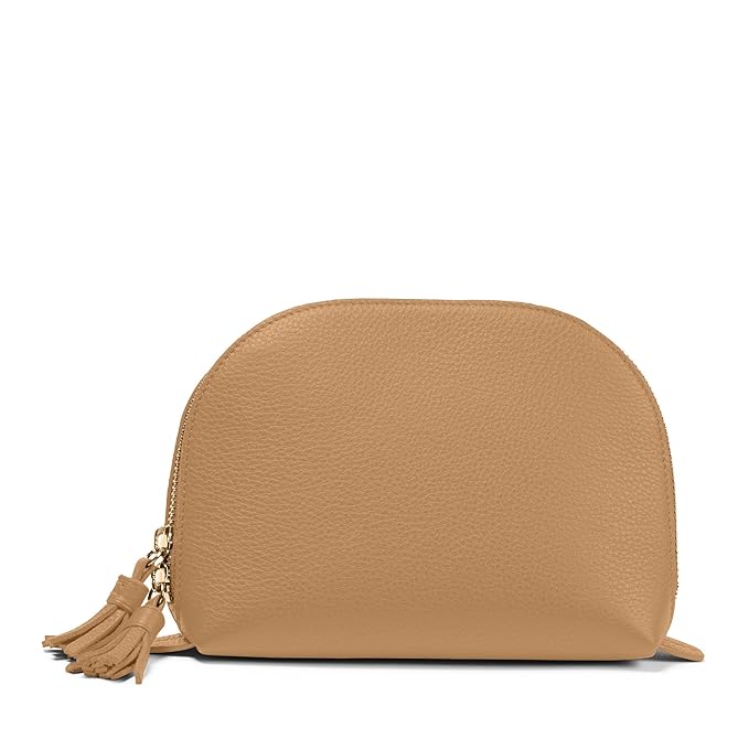 Leatherology Camel Medium Clamshell Makeup Bag – Leather Cosmetic Case with Waterproof Lining, Interior Zip Pocket & Double Tassel Zippers – Travel & Vanity Organizer
