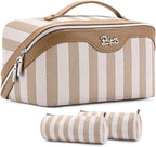 BOYATU Travel Makeup Bag for Women: Large Cosmetic Bag Set of 3 - PU Leather Make up Bag with Compartments - Compact Waterproof Toiletry Bag with Divider & Handle (B-6-Khaki)