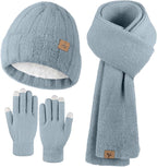 Winter Beanie Hat Scarf Gloves, Warm Fleece Knit Hat Long Scarf Neck Warmer Touch Screen Winter Gloves Set Gifts for Women