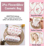2Pcs Cotton Quilted Makeup Bag for Women Girls Coquette Cosmetic Bag Cute Zipper Pink Bow Pencil Pouch Aesthetic Portable Travel Toiletry Bag Trendy Essentials Skincare Makeup Brush Pouch