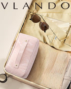 Vlando Makeup Bag,Large Capacity Toiletry Bag for Women Waterproof Portable Make up Pouch PU Leather Open Flat Cosmetic Bag(Sand Pink)