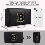 Personalized Initial Travel Preppy Makeup Bag, Small Cute Black Cosmetic Pouch Monogram Toiletry Organizer with Zipper, Waterproof PU Make Up Bags Storage Birthday Bridal Shower Women Gift (Letter B)