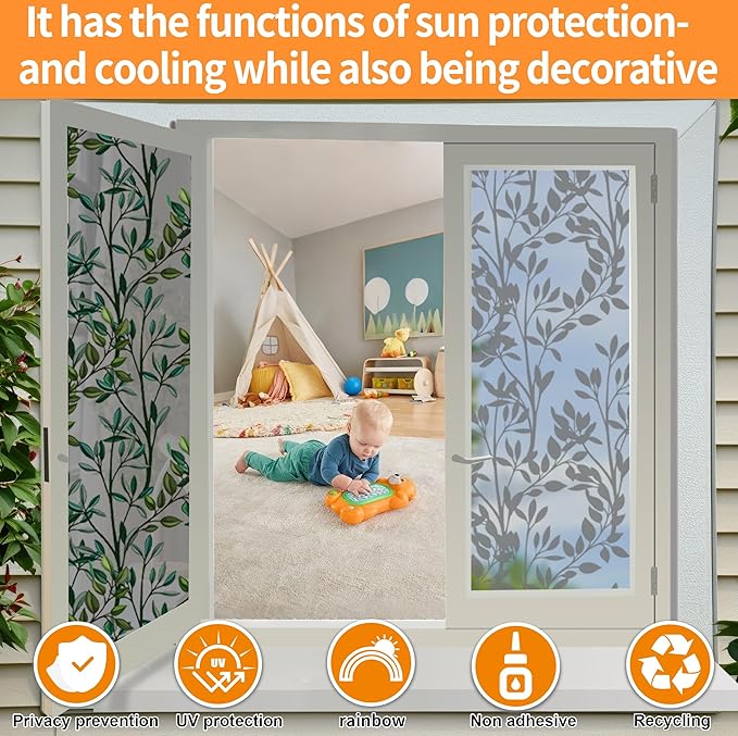 One Way Privacy Film, Window Tint for Home,Daytime Reflective, Anti UV Static Cling Sliding Door Coverings No Glue Garage Solar Paper (Black - Silver-Leaves, 45.27 x 157.4 in)