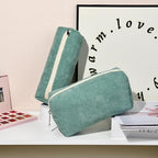 SOIDRAM Makeup Bag Corduroy Cosmetic Bag Cute Green Makeup Pouch 1Pcs Large Capacity Makeup Bags and 1Pcs Makeup Brushes Storage Bag Travel Toiletry Bag Organizer