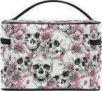 Makeup Bag, Halloween Skull Flowers And Pink Cherries Travel Makeup Organizer Bag Cosmetic Cases Toiletry Bags for Girl Women Ladies