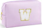 Gifts for Girls Initial Makeup Bag Personalized Cosmetic Bag with Zipper Cute Travel Toiletry Bag Waterproof PU Preppy Makeup Pouch Birthday Gift for Teen Girls Women(Purple W)