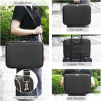 Relavel Makeup Bag with LED Mirror, Large Capacity Travel Cosmetic Organizer with Adjustable Compartments, Brush Holder & Detachable Strap, Black Storage Box for Makeup Artists