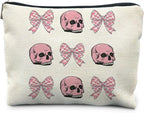 Goth Gothic Makeup Bag With Pink Bow - Skull Cosmetic Bag for Women, Girly, Cute Gothic Accessory for Skull Lovers