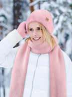 Winter Beanie Hat Scarf Gloves, Warm Fleece Knit Hat Long Scarf Neck Warmer Touch Screen Winter Gloves Set Gifts for Women