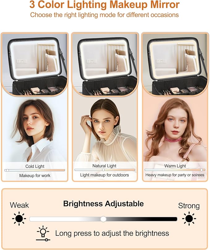 Relavel Extra Large Cosmetic Bag with LED Mirror, Train Makeup Case with Adjustable Dividers and 4 Removable Pouches, Hair Supplies Organizer, Portable Cosmetic Organizer Bag for Makeup Artists