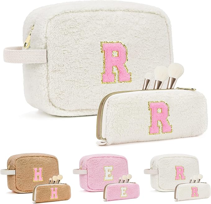 for Christmas Day Gifts, Travel Makeup Bag for Women, Initial Make Up Bag Set for 6 7 8 9 10 11 12 13 Years Old Kids Tween Girls, Large Cosmetic Skincare Bags for Birthday Gifts, White R