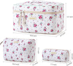 HBselect Quilted Makeup Bag, 3PCS Cotton Large Travel Makeup Bag, Cute Floral Coquette Make up Bag Cosmetic Bag Toiletry Bag for Women Girls