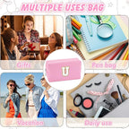 Initial Makeup Bag Personalized Preppy Travel Small Cosmetic Bag Cute PU Pink Chenille Letter Makeup Pouch for Purse Waterproof Zippered Toiletry Organizer for Women Girls Kids Friends(U)