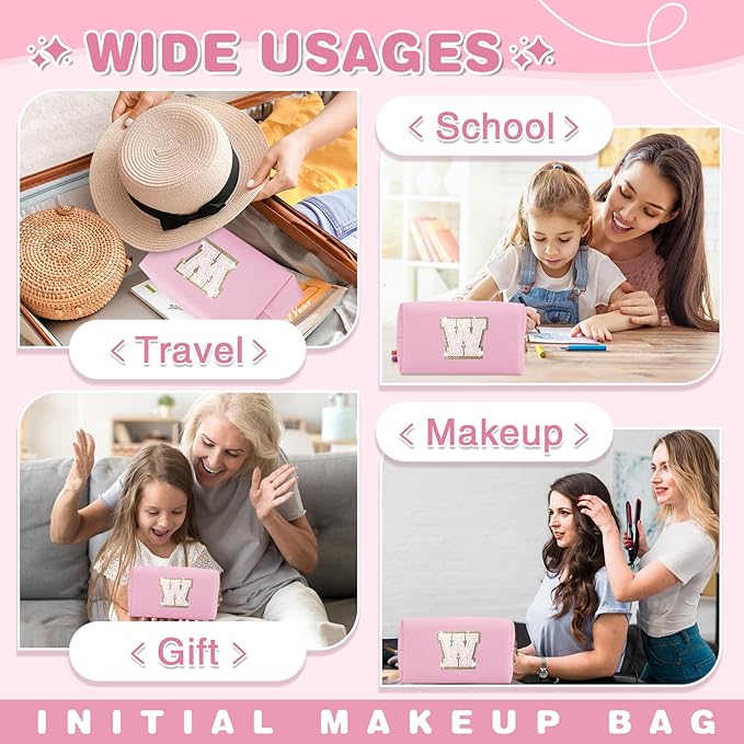 Small Personalized Initial A-Z Patch Makeup Bag,Pink Cute PU Leather Glitter Letter Cosmetic Bag for Teen Girls,Travel Toiletry Bag with Zipper,Preppy Monogrammed Birthday Gift for Daughter Niece W
