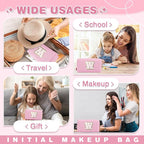 Small Personalized Initial A-Z Patch Makeup Bag,Pink Cute PU Leather Glitter Letter Cosmetic Bag for Teen Girls,Travel Toiletry Bag with Zipper,Preppy Monogrammed Birthday Gift for Daughter Niece W