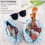 2Pcs Checkered Pencil Case Cute Pencil Pouch for Teens Checkered Makeup Bag Travel Cosmetic Bag Set Cute Makeup Pouch for Purse Portable Zippered Skincare Bags Preppy Toiletry Bags Organizer(Blue)
