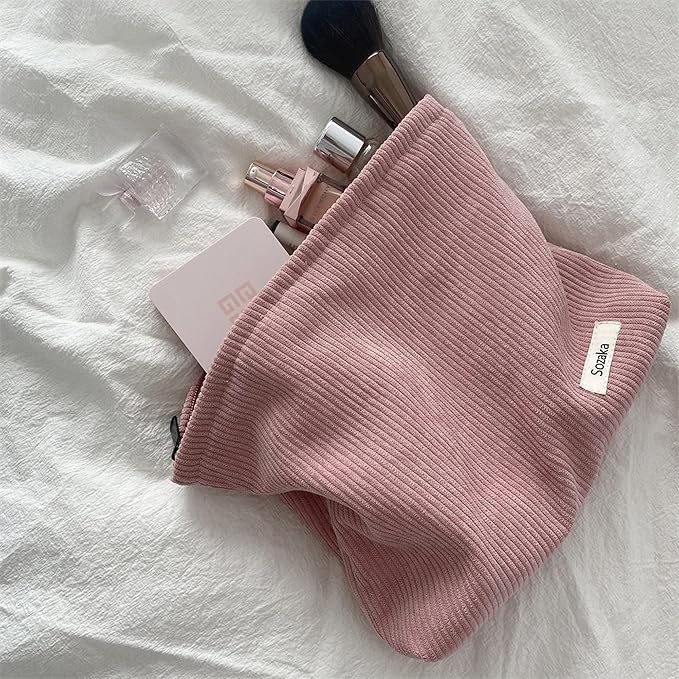 Cosmetic Bags for Women - Corduroy Cosmetic Bag Aesthetic Women Handbags Purses Smile Dots Makeup Organizer Storage Makeup Bag Girls Case Bags (Pure Pink)