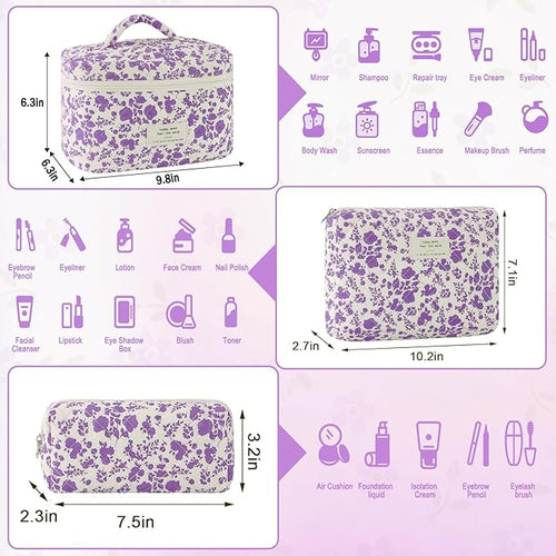 3Pcs Cotton Quilted Makeup Bag for Women Girls Large Small Travel Portable Cosmetic Bag Set Cute Purple Floral Zipper Make Up Pouch Coquette Aesthetic Storage Toiletry Organizer Case