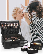 Relavel Large Makeup Bag with 3 Removable Pouches, Travel Train Case Cosmetic Organizer Carrying Box for Makeup Artists Hairstylist with Adjustable Dividers, Brush Holder and Shoulder Strap, Black