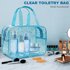 Clear Blue Star Large Makeup Bag with Star Pattern 12x5x8 inch, Travel Cosmetic Bag with Handle, Durable PVC Material Washbag Zipper Opening Design for Makeup Travel Organizer or Gym Use