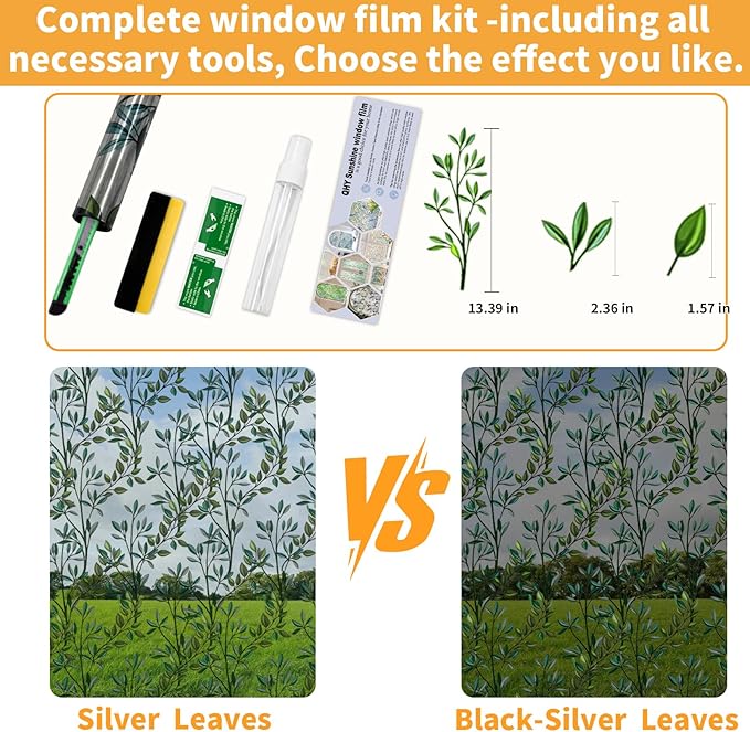 One Way Privacy Film, Window Tint for Home,Daytime Reflective, Anti UV Static Cling Sliding Door Coverings No Glue Garage Solar Paper (Silver-Leaves, 23.6 x 157.4 in)
