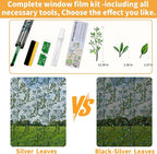 One Way Privacy Film, Window Tint for Home,Daytime Reflective, Anti UV Static Cling Sliding Door Coverings No Glue Garage Solar Paper (Black - Silver-Leaves, 45.27 x 157.4 in)