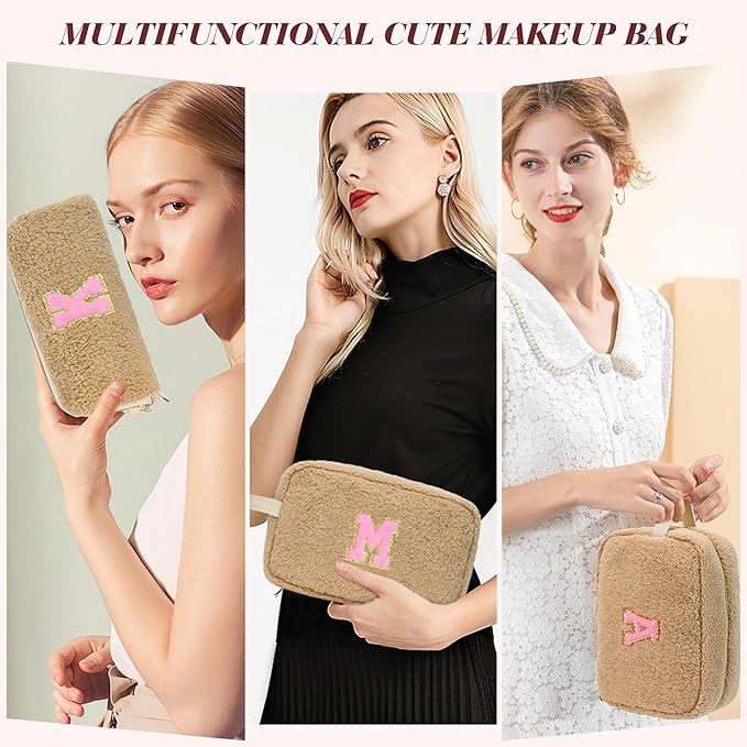 for Christmas Day Gifts, Personalized Initial Cosmetic Bag Pouch for Teen Girls, Preppy Makeup Travel Bags for Daughter Sister Girlfriend, Monogramed Make Up Pouch for Birthday Gifts - Brown Q