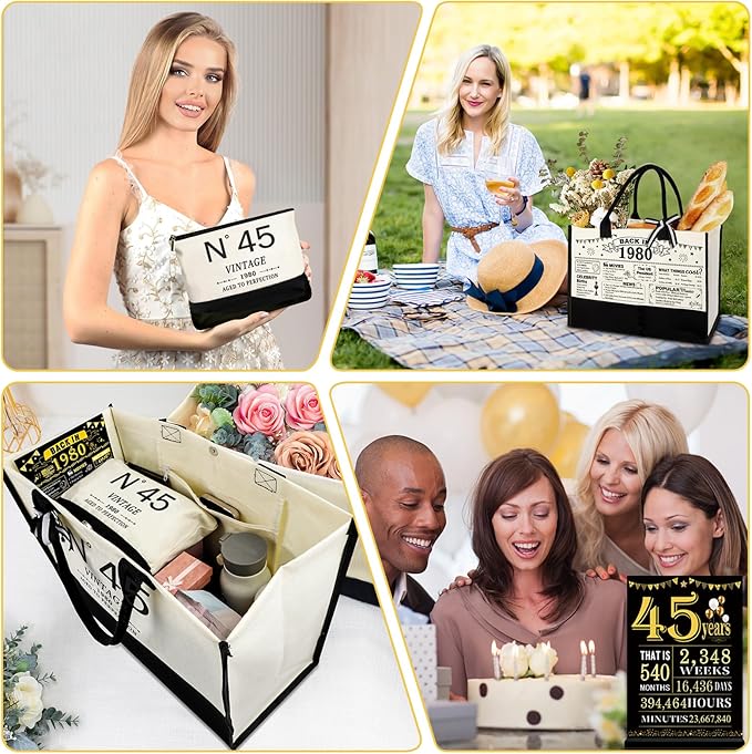 45th Birthday Gifts for Women Canvas Tote Bag Travel Gear,Unique 45 Years Old Gifts for Wife Mom Sister Aunt Friends Her, Vintage N°45 Handbag & Cosmetic Bag & Back in 1980 Poster