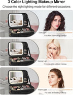 Chomeiu Makeup Bag with LED Mirror, Large Travel Cosmetic Train Case for Women, Makeup Artists Large Organizer Box with Vanity Light Up Mirror, 3 Color Lights, Adjustable Dividers (Black)