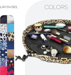 Lay-n-Go Cosmo Layflat Drawstring Cosmetic & Makeup Bag Organizer w/Zipper Pocket, Brush Loops & More, Cinch to Close, Lay Flat to Use, Durable, Machine Wash, Travel Toiletry Bag (22", Leopard)