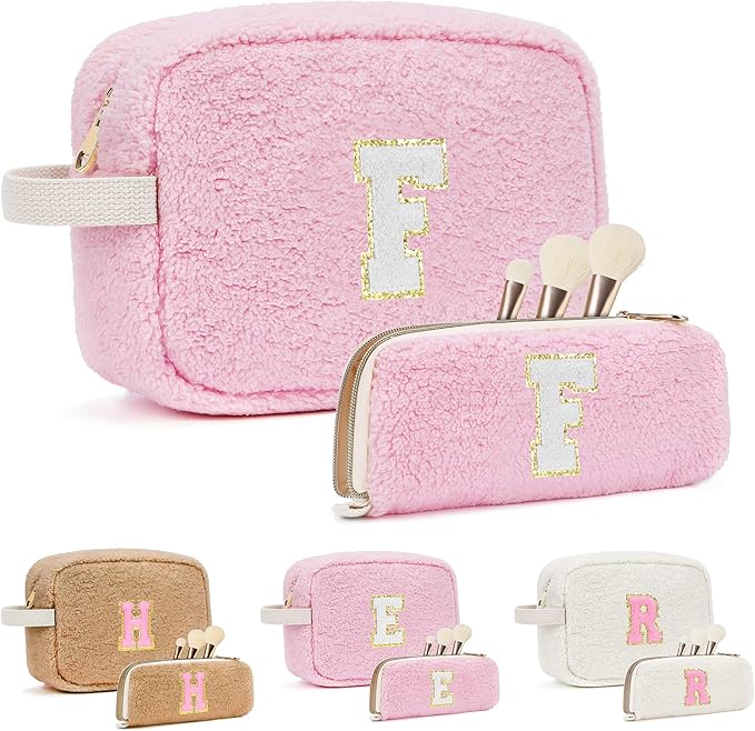 2PCS Makeup Bag with Initials, Christmas Day Gifts for Teen Girls Trendy Stuff, Personalized Cosmetic Travel Bag Pouch for Granddaughter, Cute Plush Make up Bags for Birthday - Pink F