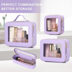 Pinkmik Travel Clear Makeup Bag with Brush Case TSA Approved Toiletry Bag Waterproof Cosmetic Organizer with Zipper Car Essential for Women (X/Purple, M+SLIM)