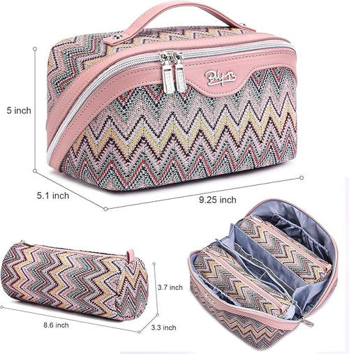 BOYATU Travel Makeup Bag for Women: Western Boho Make up Bag Set of 3 - Large Capacity Vegan Leather Cosmetic Bag - Waterproof Toiletry Bag with Compartments & Handle & Divider(J-1-Pink)