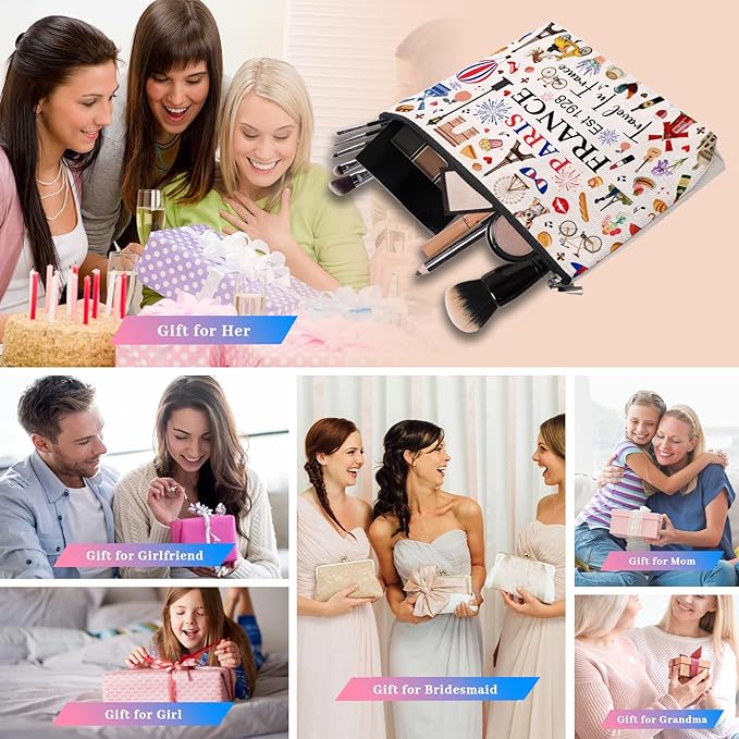 Paris Travel Gifts for Women Makeup Bag, Paris City Themed Souvenirs Cosmetic Bag, Zipper Pouch