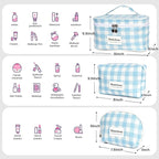 FAELBATY Checkered Makeup Bag, 3 Pack Large Travel Makeup Bag Set, Cosmetic Bag for Women (Blue)