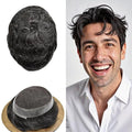 FACE MIRACLE Hair System for Men French Lace Mens Toupee Human Hair Replacement System Lace with PU Toupee for Men Male Hair Piece Wigs 7"X9" #1B20 Off Black with 20% Gray