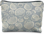 Coastal Beach Makeup Bag - Aesthetic Sea Shell Cosmetic Pouch for Women, Beach Gifts, Vacation Gifts, Light Blue Beachy White Pouch