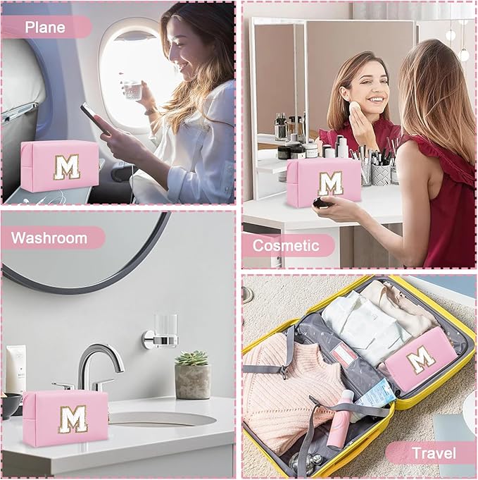 Small Travel Initial Preppy Makeup Bag, Personalized Pink Cute Cosmetic Organizer Chenille Letter Travel Toiltery Zipper Pouch, Waterproof PU Leather Make Up Case Mothers Day Gifts for Mom(Letter M)