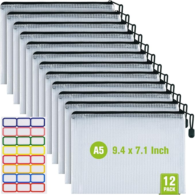 12 Pcs Plastic Mesh Zip File Bags, Waterproof Tear-Resistant Document File Folders, A5 Size Zipper Documents Pouch Document Organizer Bags for School Office Home Travel Storage(9.4×7.1Inch)