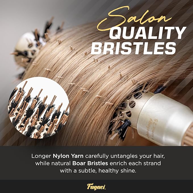 Fagaci Small Round Brush with Natural Boar Bristle for Blow Drying, Hair Styling, and Volume | Nano Technology Ceramic + Ionic for Healthy Hair