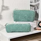 SOIDRAM Makeup Bag Corduroy Cosmetic Bag Cute Green Makeup Pouch 1Pcs Large Capacity Makeup Bags and 1Pcs Makeup Brushes Storage Bag Travel Toiletry Bag Organizer