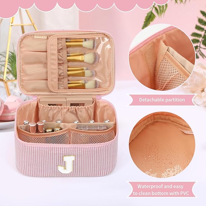 OCHEAL Makeup Bag for Women, Monogram Cosmetic Bag with Brush Holder, Pink Travel Makeup Case Beauty Toiletry Bag Organizer Personalized Gifts for Girls Bridesmaid, Sister, Wife, Friends Initial J