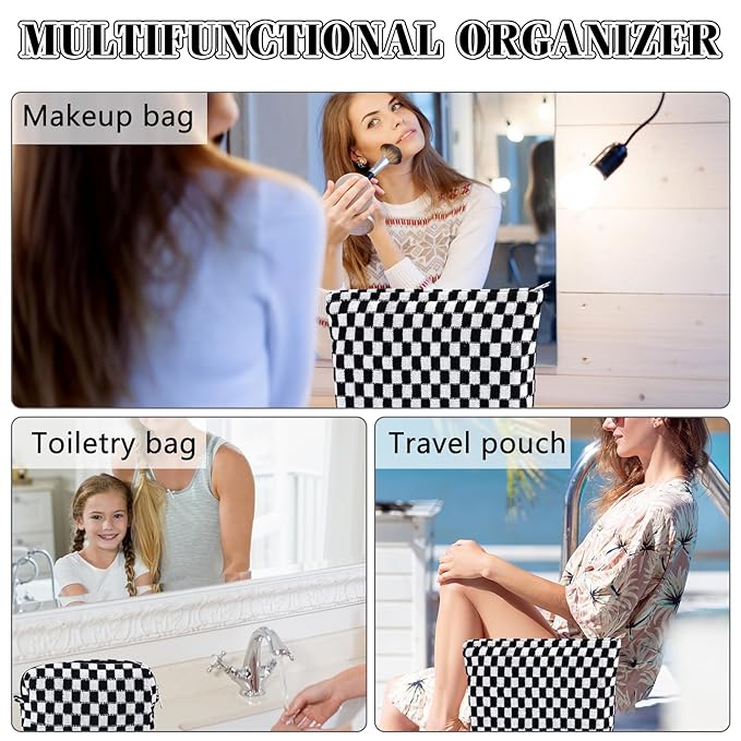 ZLFSRQ 2Pcs Checkered Makeup Bag for Women Large Small Checkered Cosmetic Bag Set Aesthetic Preppy Pencil Case Cute Pencil Pouch Black Makeup Pouch for Purse Travel Toiletry Bags Zipper Skincare Bags