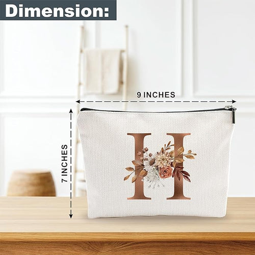 A-Z Boho Personalized Cosmetic Bag-Floral Cotton Letter Makeup Bag With Zipper-Artistic Cosmetic Bag For Travel-Bride,Birthday Gift For Women Daughter Friends-Women Makeup Organizer-A08
