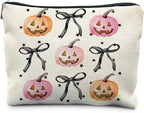 Halloween Makeup Bag - Pink and Orange Pumpkin Cosmetic Bag with Black Coquette Bow for Women