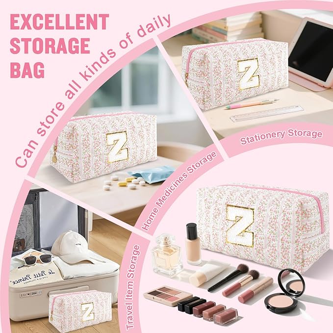 Personalized Quilted Cosmetic Bag, Puffy Monogrammed Christmas Birthday Gifts for Women & Girls, Cute initial Floral Makeup Bag Puffer Coquette Bag, Aesthetic Travel Toiletry Zipper Pouch(Pink,Z)