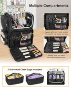 Relavel Rolling Makeup Train Case with Hair Stylist Backpack, Hairstylist Traveling Bag with 4 Wheels, Heat Insulation Full Layer, Adjustable Dividers, Hair Tools and Cosmetics Storage Organizer