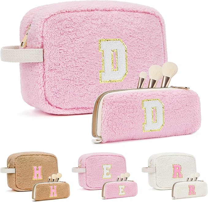 2PCS Makeup Bag with Initials, Christmas Day Gifts for Teen Girls Trendy Stuff, Personalized Cosmetic Travel Bag Pouch for Granddaughter, Cute Plush Make up Bags for Birthday - Pink D