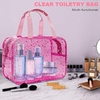 Clear Red Star Large Makeup Bag with Star Pattern 12x5x8 inch, Travel Cosmetic Bag with Handle, Durable PVC Material Washbag Zipper Opening Design for Makeup Travel Organizer or Gym Use