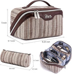 BOYATU Travel Makeup Bag for Women: Large Capacity Open Flat Make up Bag Set of 3 - Vegan Leather Cosmetic Bag with Compartments - Waterproof Toiletry Bag with Handle & Divider(I-5-Brown)